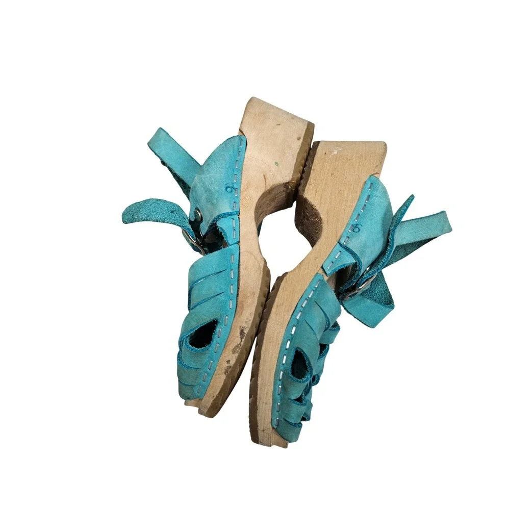Swedish Clogs Sandals Kids 29 Teal Blue Suede Wood Woven Fisherman Boho Platform